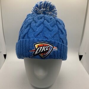 New Era OKC Thunder Beanie Women Knit Hat Pom Blue‎ White NBA Basketball